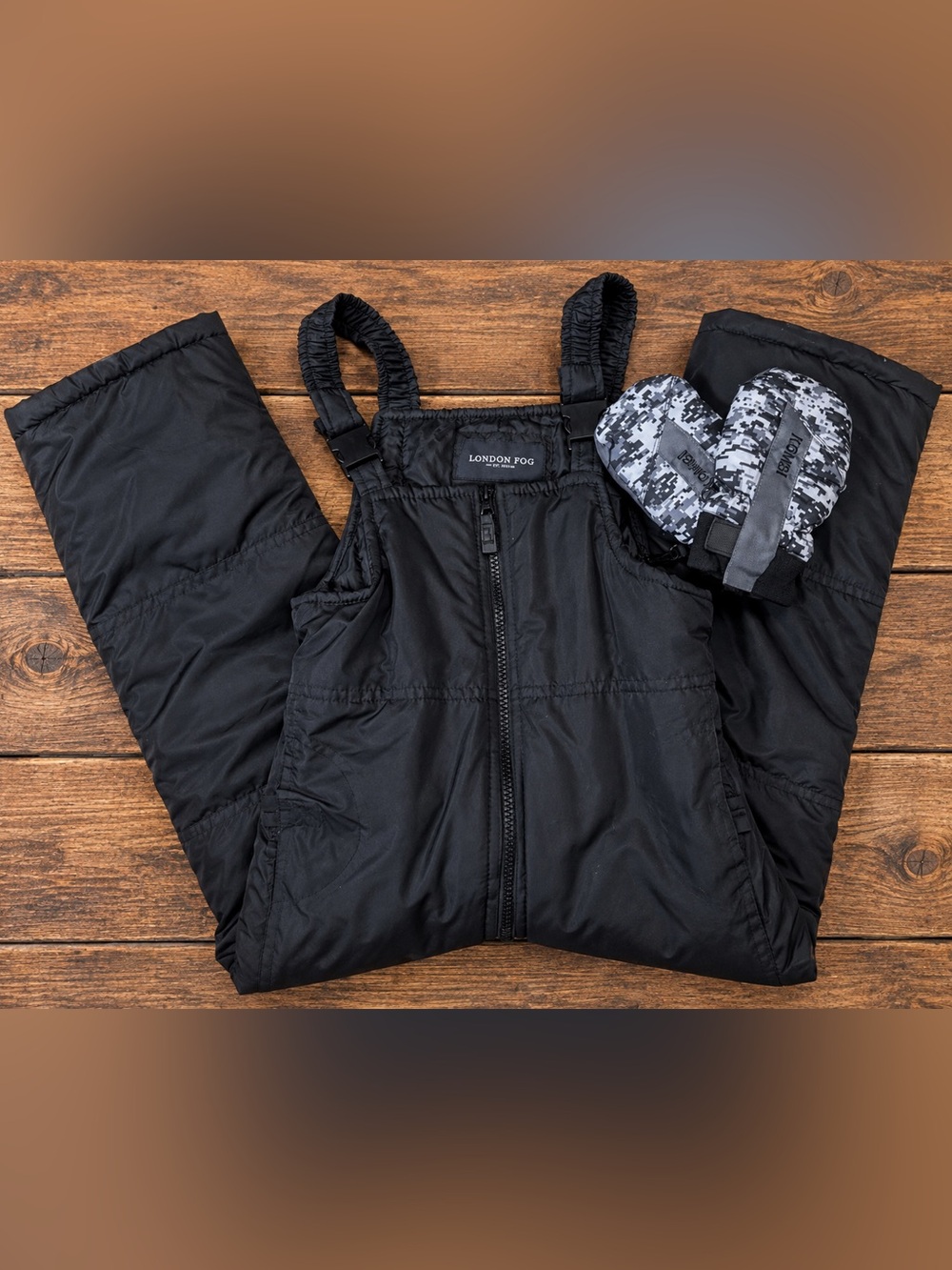 London Fog Black Snow Bib Jumpsuit with Patterned Mittens